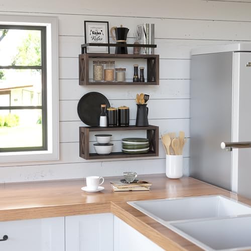 RICHER HOUSE Floating Wood Shelves with Guardrail Rustic Brown 2 Shelves