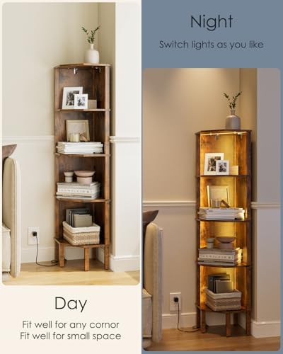 5 Tier Corner Bookshelf with LED Light and Storage