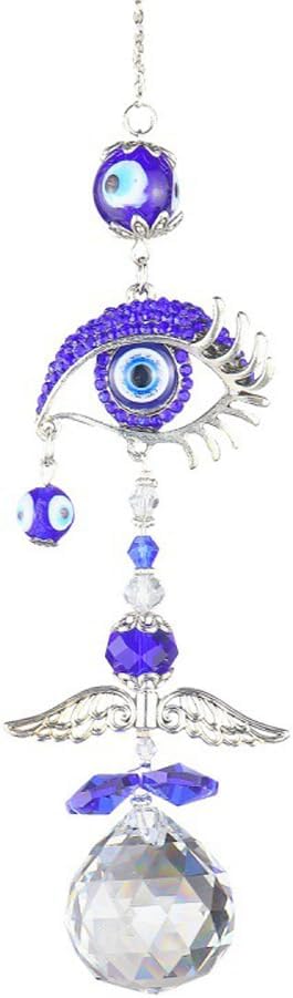 Turkish Evil Eye Crystal Sun Catcher Pendant with Wind Chime Blue