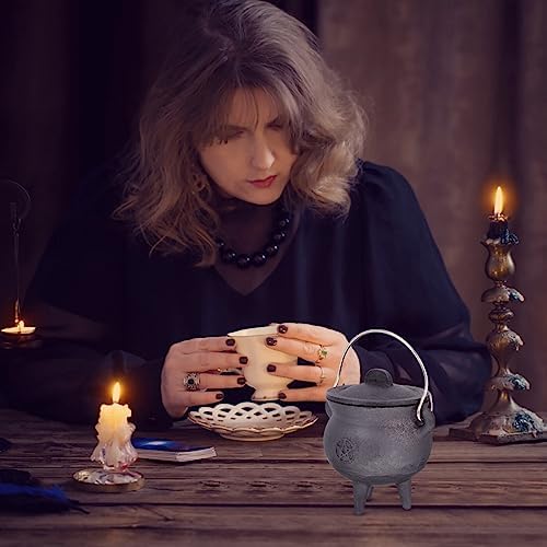 BESTonZON Triple Moon Cast Iron Cauldron with Lid Halloween Decor