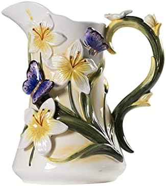Large Ceramic Water Pitcher Flower Vase with Dancing Butterfly and Lily Design