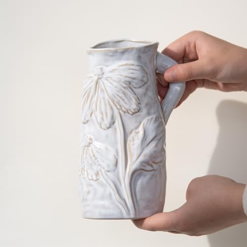 Beige White Pitcher Vase with Handle 7 Inch French Ceramic