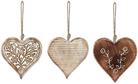 Floral Heart Whitewashed Mango Wood Christmas Ornaments Set of 3