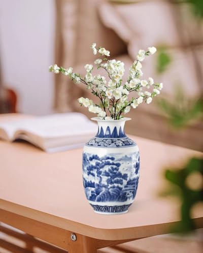 Qinlang 9 Inch Blue White Ceramic Vase Landscape Design