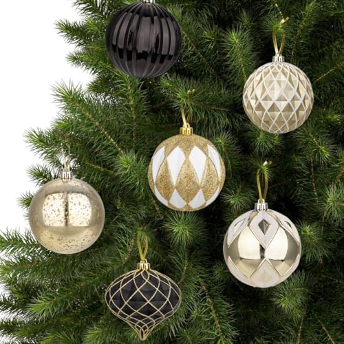 Hollyone 4 Inch Black White Gold Christmas Ornaments 12 Pcs