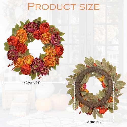 Arborus 24 Inch Fall Wreath with Peonies and Maple Leaves