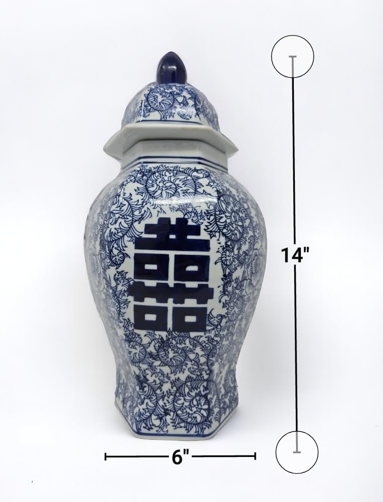 14 Inch Classic Blue and White Porcelain Ginger Jar Vase
