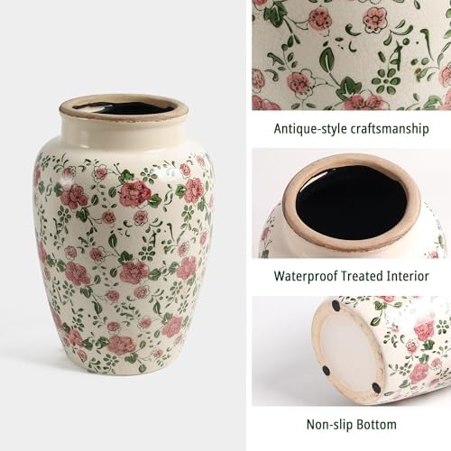 10 Inch Floral Farmhouse Ceramic Vase with Crackle Glaze