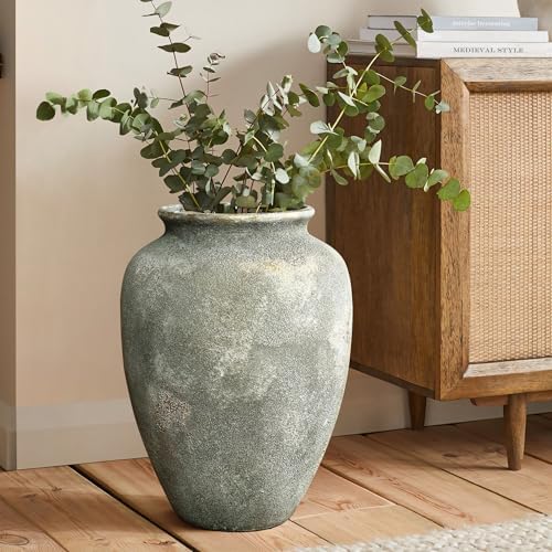 LuxenHome Rustic Ceramic Floor Vase with Gold and Brown Accents