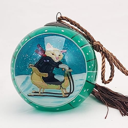 OKEA Ski Cat Green Inside Painted Glass Ornament