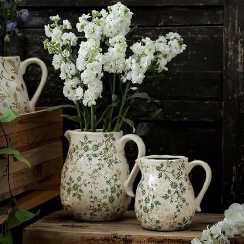 Beige Green Ceramic Vase with Handle for Home Decor