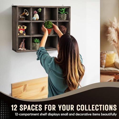 Flexzion 12-Compartment Floating Wooden Shelf