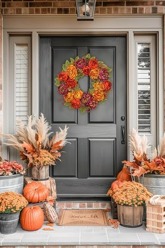 Arborus 24 Inch Fall Wreath with Peonies and Maple Leaves