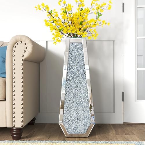 30 Inch Tall Crushed Diamond Floor Vase in Silver