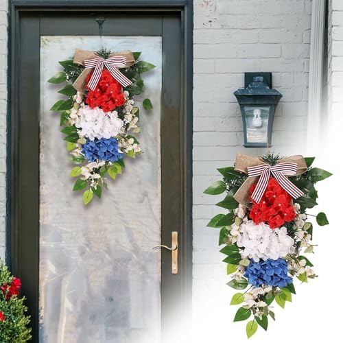 197inch Patriotic Teardrop Wreath Red White Blue Hydrangea