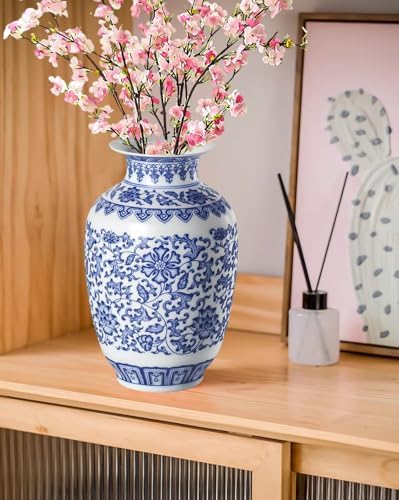 9 Inch Blue and White Ceramic Vase with Lotus Pattern