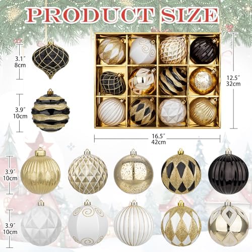 Hollyone 4 Inch Black White Gold Christmas Ornaments 12 Pcs