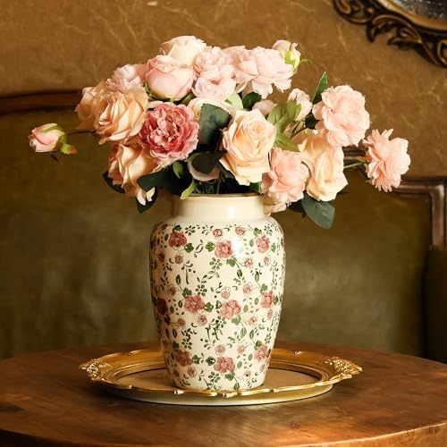 10 Inch Floral Farmhouse Ceramic Vase with Crackle Glaze