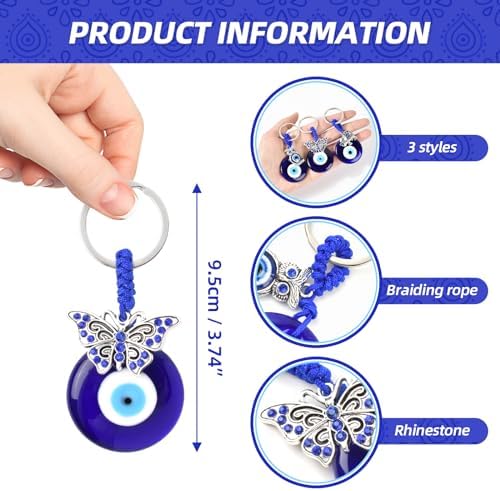 3pcs Blue Evil Eye Keychain with Butterfly Elephant Owl Hanging Ornament