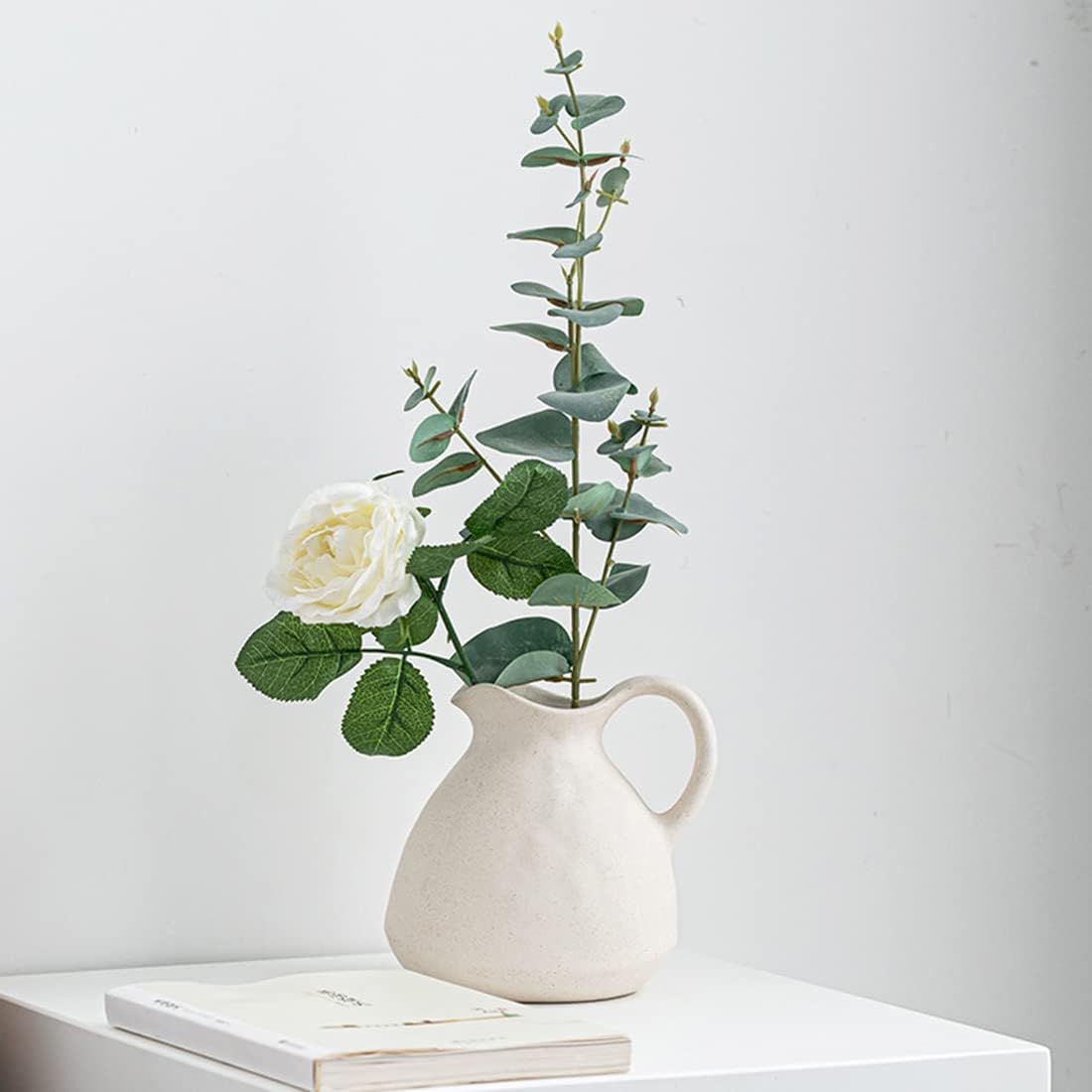 White Ceramic Vase with Handle for Flowers and Decor