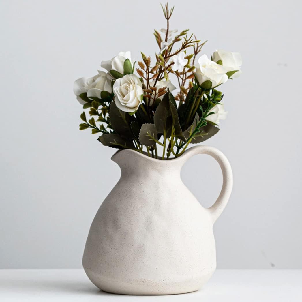 White Ceramic Vase with Handle for Flowers and Decor