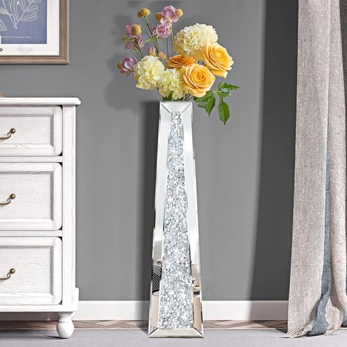 29 Inch Tall Crushed Diamond Floor Vase in Silver