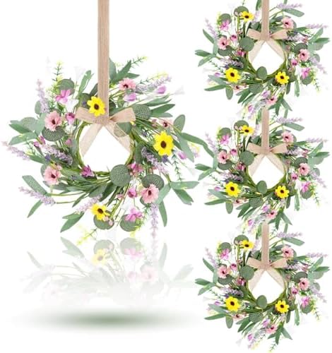 4Pcs Artificial Summer Floral Wreath with Hanging Ribbon