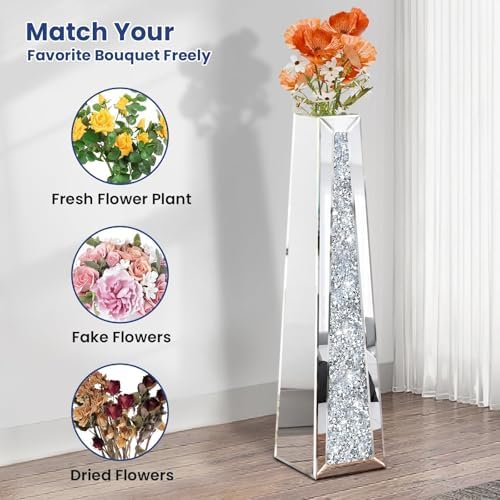 29 Inch Tall Crushed Diamond Floor Vase in Silver