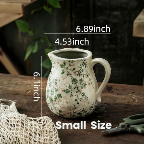 Beige Green Ceramic Vase with Handle for Home Decor
