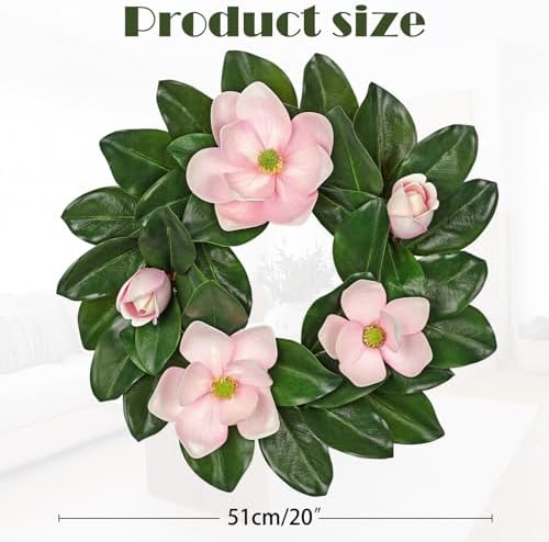 20 Inch Artificial Pink Magnolia Wreath for Front Door