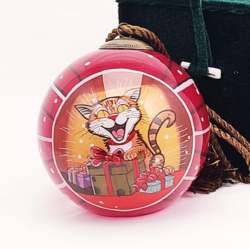Handmade Painted Glass Ornament with Premium Gift Box Unique Cat Design Collectible