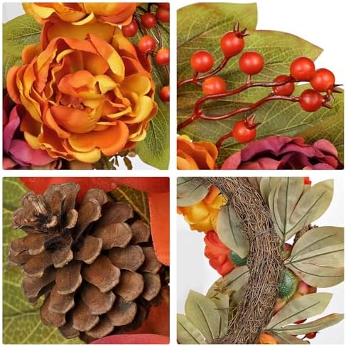 Arborus 24 Inch Fall Wreath with Peonies and Maple Leaves