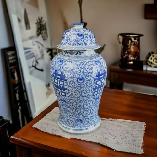 19 Inch Blue and White Ginger Jar Vase with Double Happiness Pattern