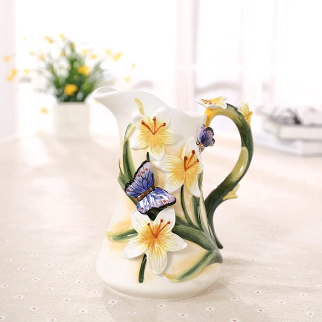 Large Ceramic Water Pitcher Flower Vase with Dancing Butterfly and Lily Design