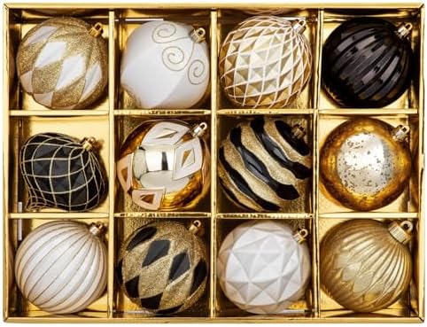 Hollyone 4 Inch Black White Gold Christmas Ornaments 12 Pcs