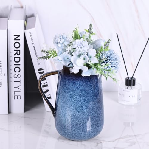 Blue Ceramic Pitcher Vase with Handle