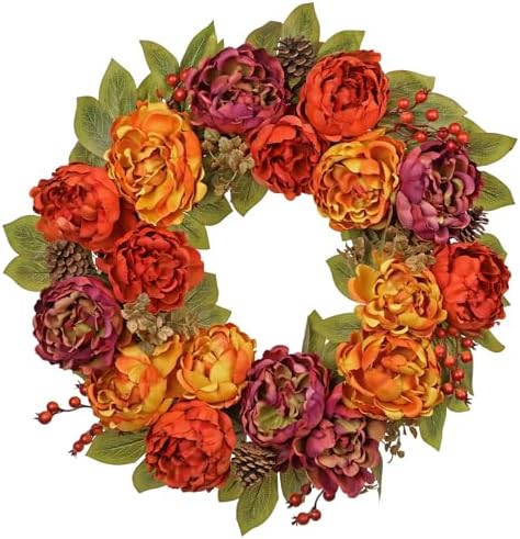 Arborus 24 Inch Fall Wreath with Peonies and Maple Leaves