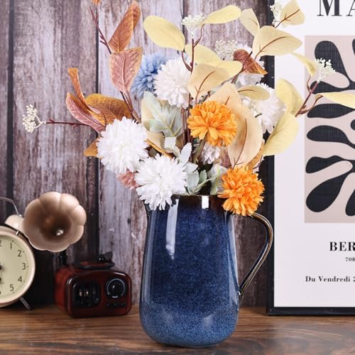 Blue Ceramic Pitcher Vase with Handle