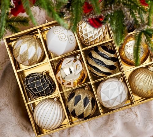 Hollyone 4 Inch Black White Gold Christmas Ornaments 12 Pcs