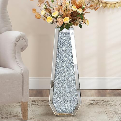 30 Inch Tall Crushed Diamond Floor Vase in Silver