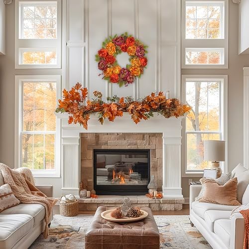 Arborus 24 Inch Fall Wreath with Peonies and Maple Leaves