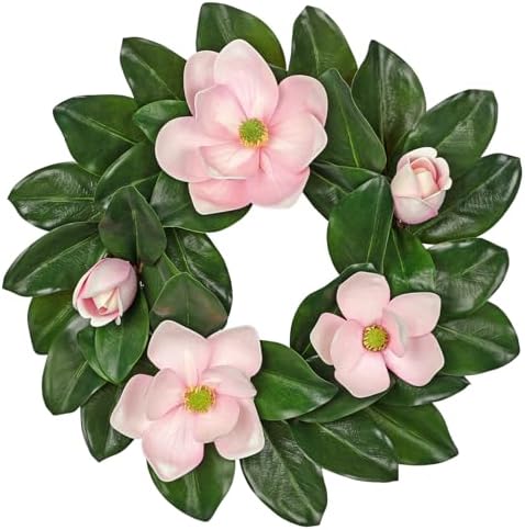 20 Inch Artificial Pink Magnolia Wreath for Front Door