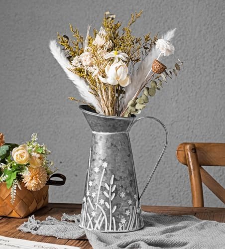 Vintage Galvanized Metal Pitcher Vase with Handle