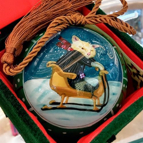OKEA Ski Cat Green Inside Painted Glass Ornament