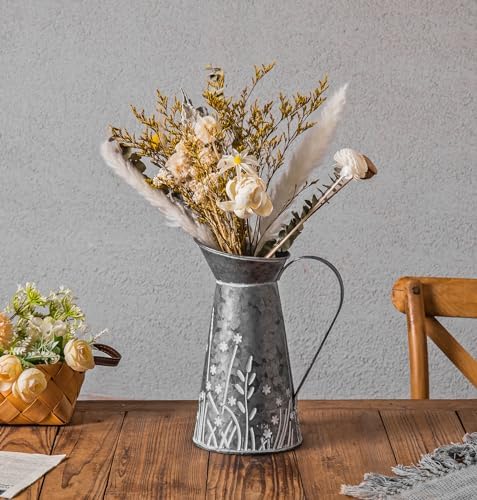 Vintage Galvanized Metal Pitcher Vase with Handle