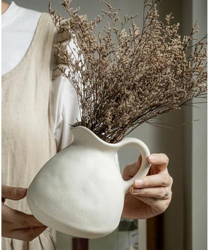 White Ceramic Vase with Handle for Flowers and Decor