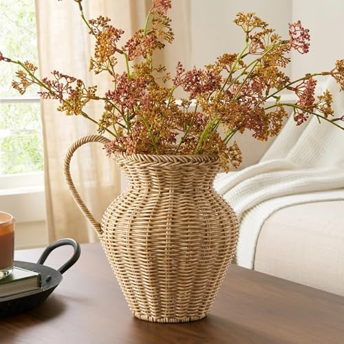 9 Inch Faux Wood Decorative Rattan Pitcher Vase Natural