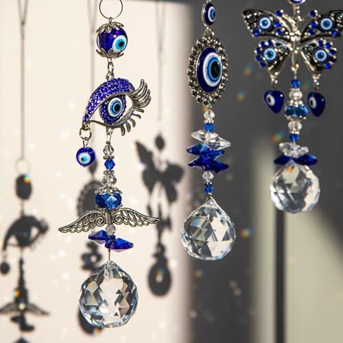 Turkish Evil Eye Crystal Sun Catcher Pendant with Wind Chime Blue