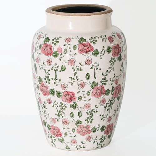 10 Inch Floral Farmhouse Ceramic Vase with Crackle Glaze