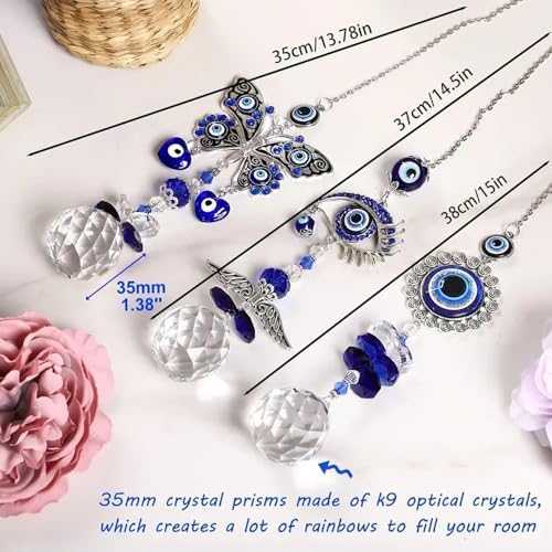 Turkish Evil Eye Crystal Sun Catcher Pendant with Wind Chime Blue